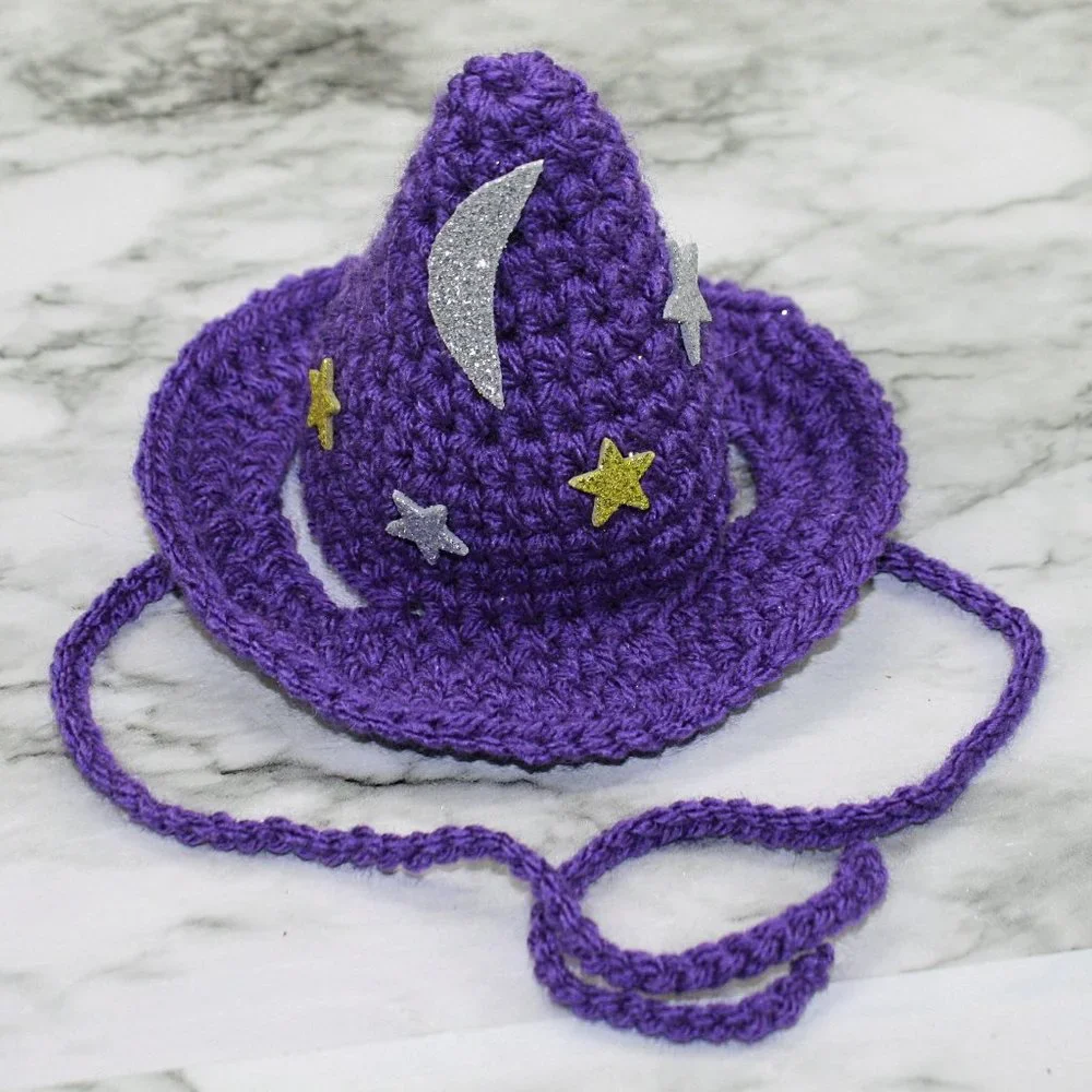 HAND CRAFTED Crochet Halloween Wizard Hat Moon Stars Costume Photo Prop Purple - Picture 6 of 11